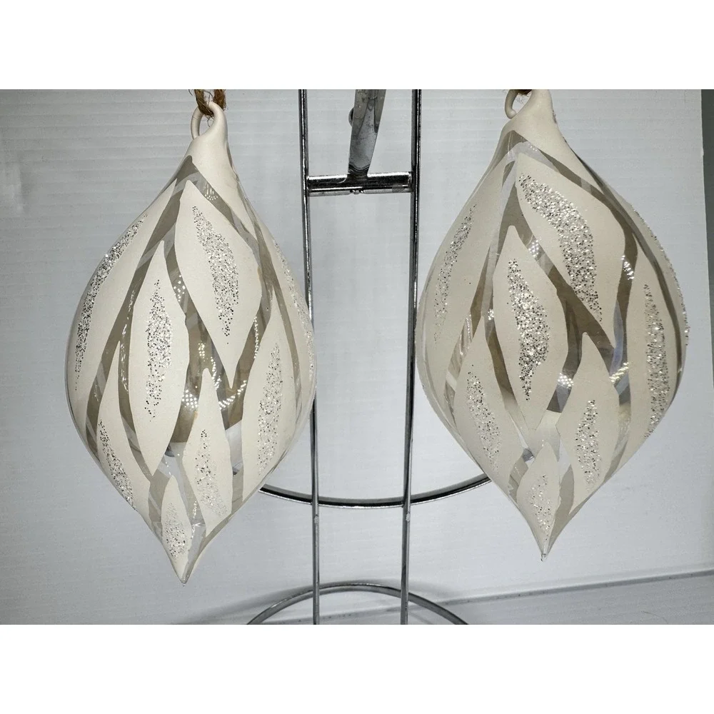 Pottery Barn NWT Set of 2 White Silver Glitter Glass Teardrop Hanging Ornaments